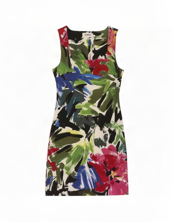 Vestido feminino Desigual sem mangas com bainha UK 8 pequeno floral multicolorido