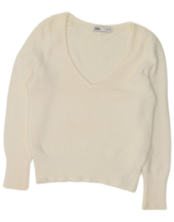 Suéter feminino Zara com decote em V Reino Unido 16 grande branco