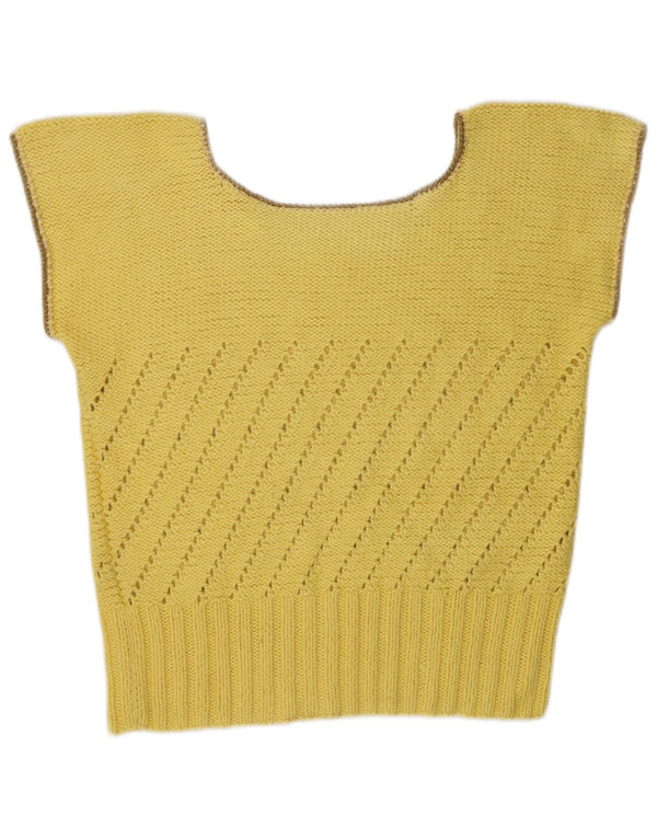 Suéter feminino vintage com gola canoa UK 14 bloco colorido amarelo médio