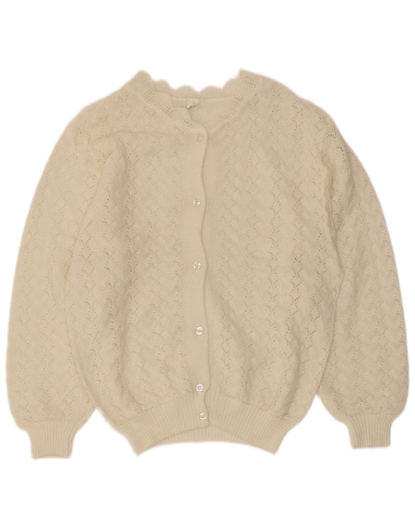 Suéter cardigã feminino vintage Reino Unido 16 grande poliacrílico branco