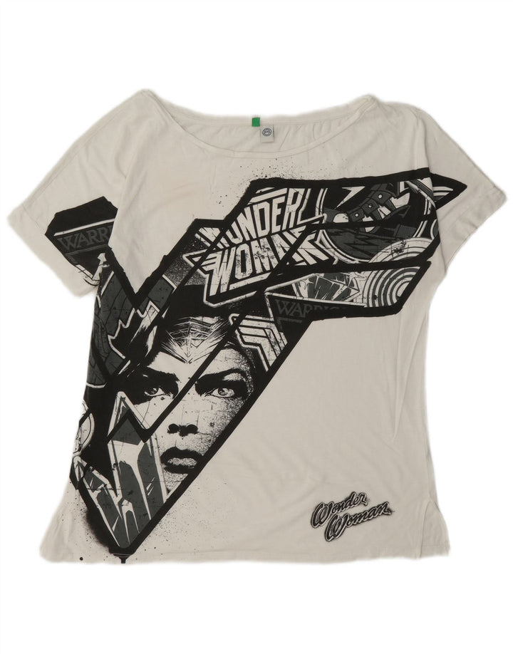 Camiseta feminina gráfica Benetton UK 14 algodão branco médio