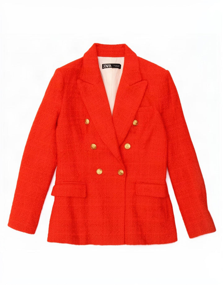 Jaqueta blazer feminina Zara com peito duplo Reino Unido 12 algodão xadrez vermelho médio