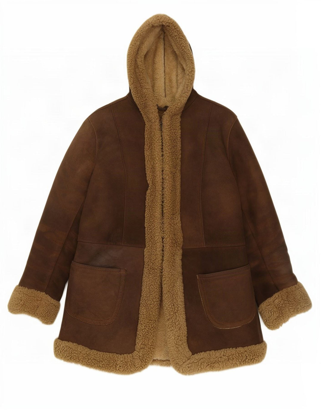 Jaqueta feminina vintage com capuz Shearling Reino Unido 10 couro marrom pequeno
