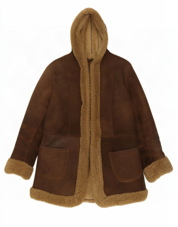 Jaqueta feminina vintage com capuz Shearling Reino Unido 10 couro marrom pequeno