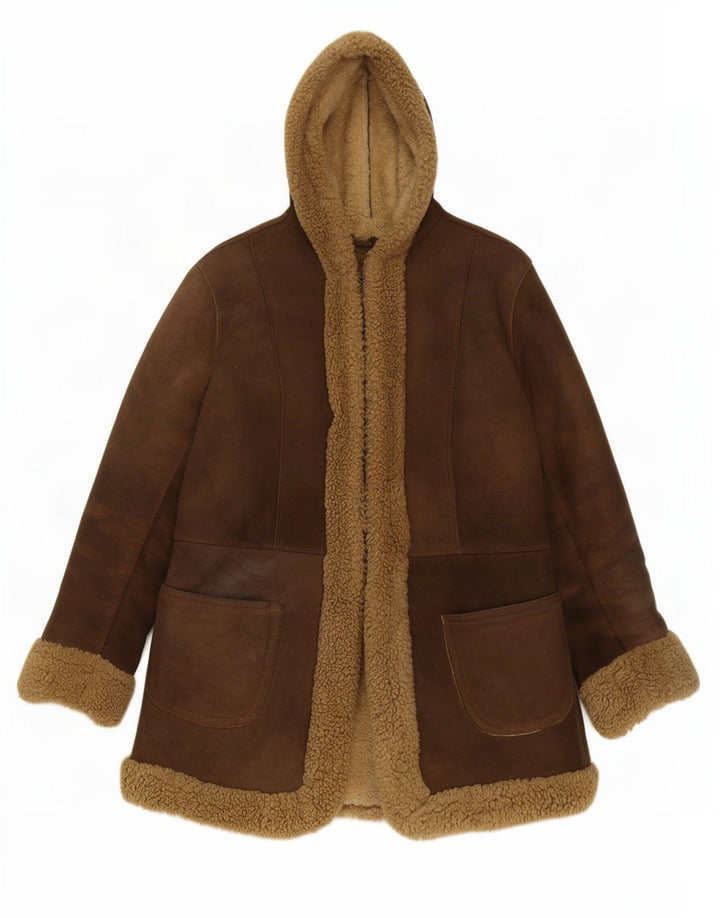Jaqueta feminina vintage com capuz Shearling Reino Unido 10 couro marrom pequeno
