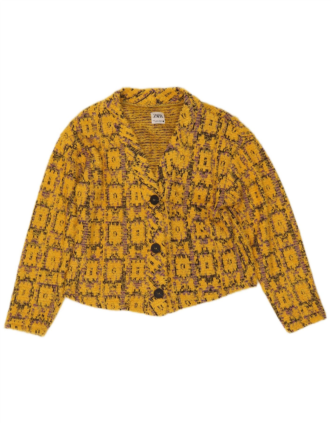 Suéter cardigã feminino oversized ZARA Reino Unido 10 pequeno amarelo geométrico
