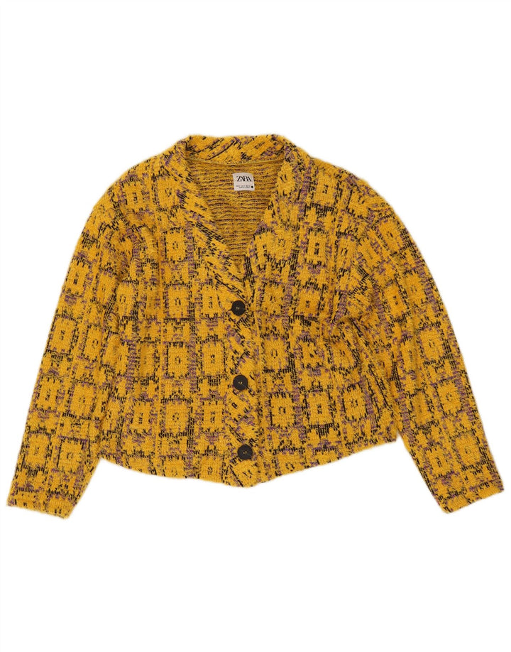 Suéter cardigã feminino oversized ZARA Reino Unido 10 pequeno amarelo geométrico