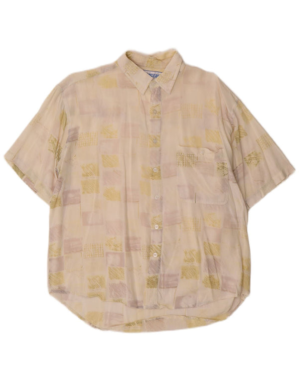 Camisa masculina vintage de manga curta tamanho 41 grande viscose geométrica esbranquiçada