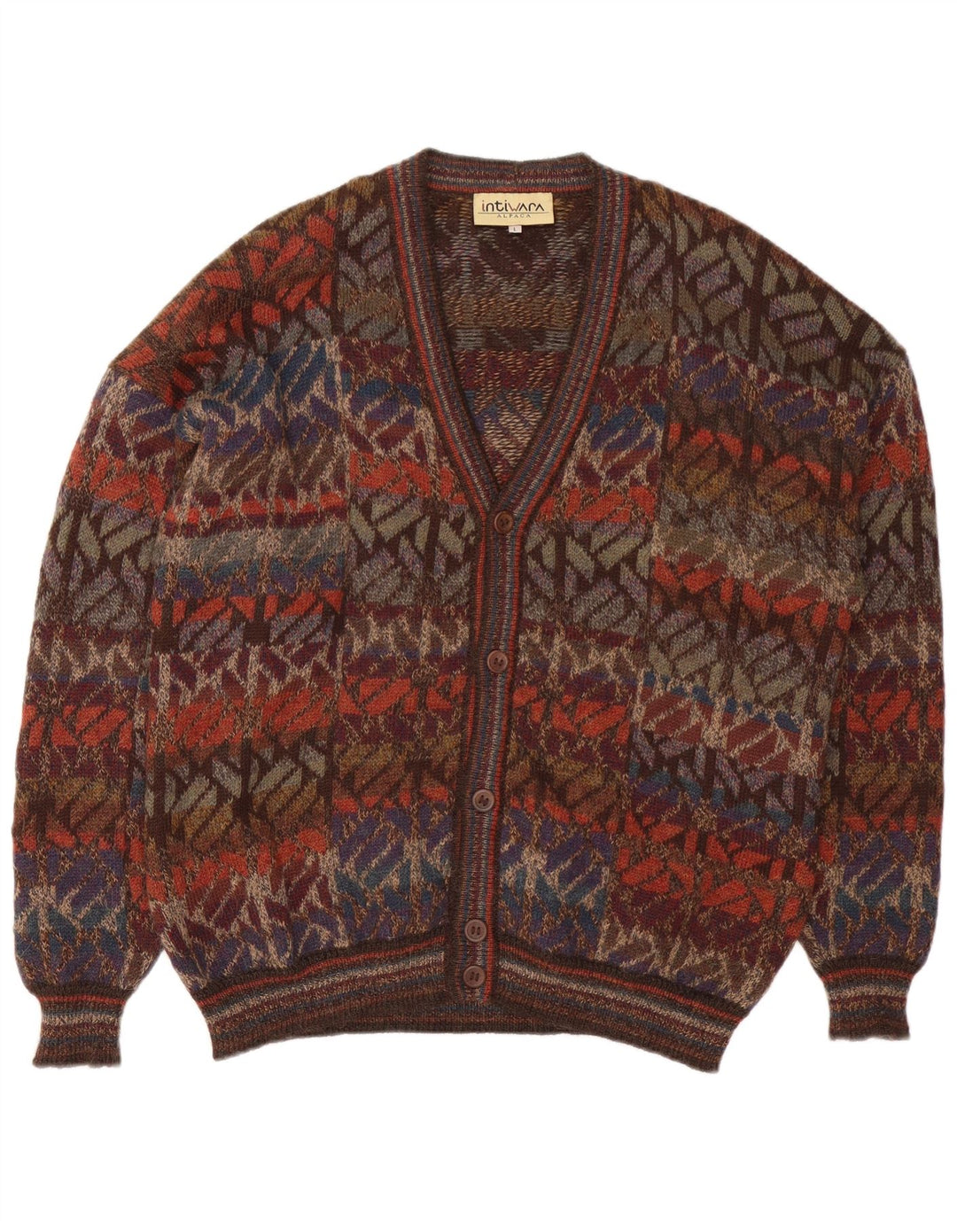 Suéter cardigã masculino Intiwara grande lã geométrica multicolorida de alpaca