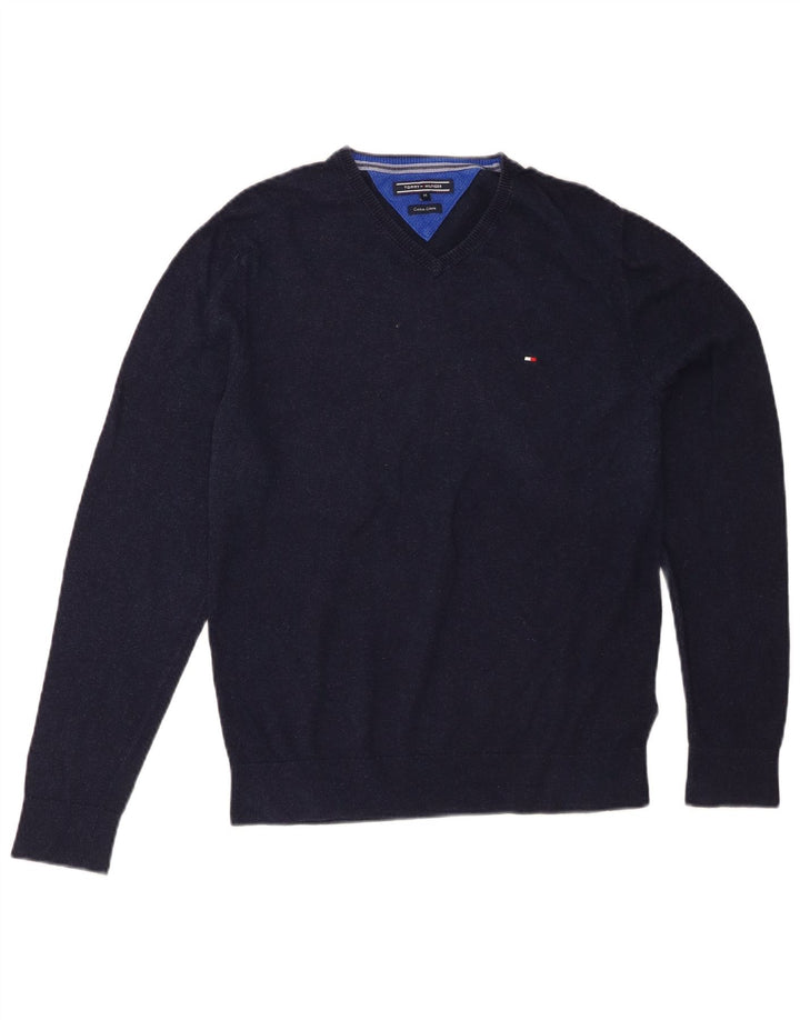 TOMMY HILFIGER Suéter masculino com decote em V médio algodão azul marinho