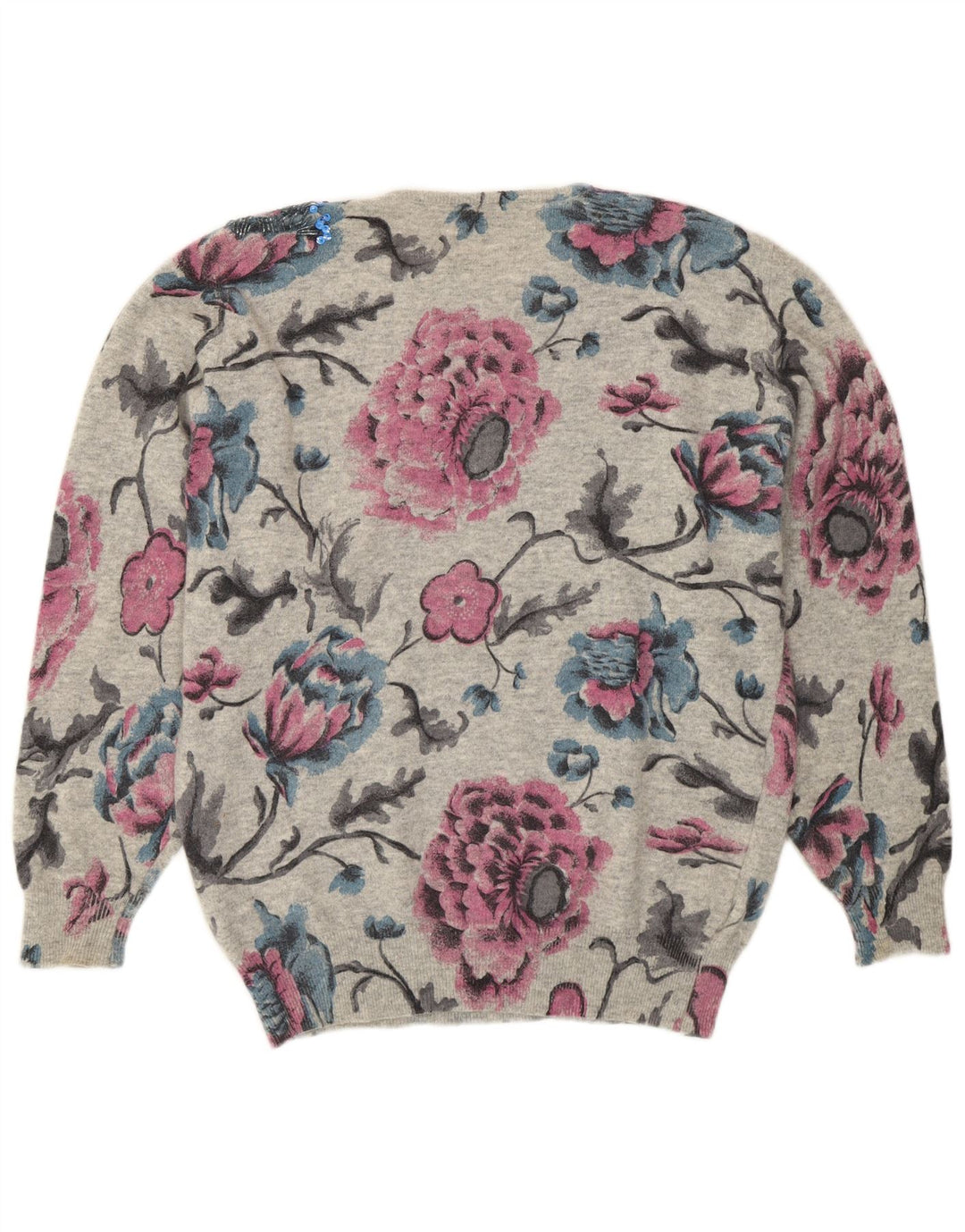 Suéter feminino Premode com gola redonda Reino Unido 14 grande lã floral cinza