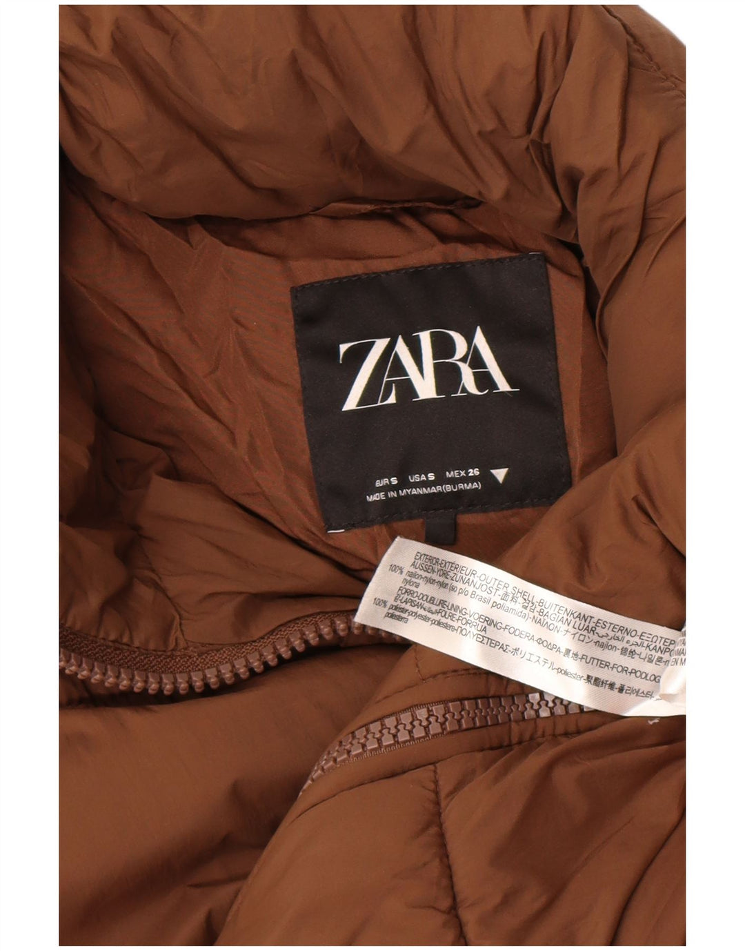 Casaco acolchoado grande Zara feminino Reino Unido 10 pequeno marrom nylon