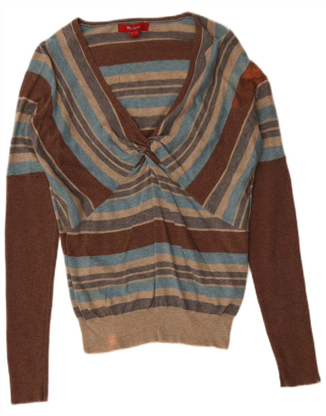 Suéter feminino MONSOON com decote em V UK 12 médio listrado multicolorido