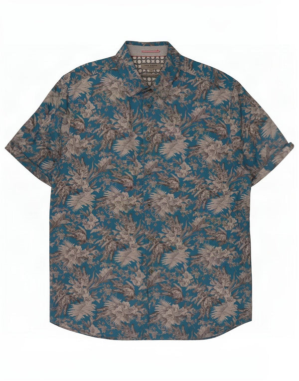 Camisa masculina havaiana de manga curta Ted Baker tamanho 6 2XL algodão floral azul