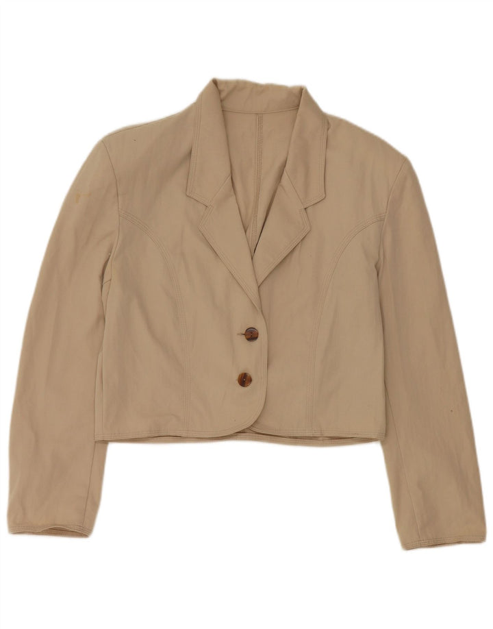 Jaqueta blazer feminina Stefanel Crop 2 botões Reino Unido 16 grande poliéster bege