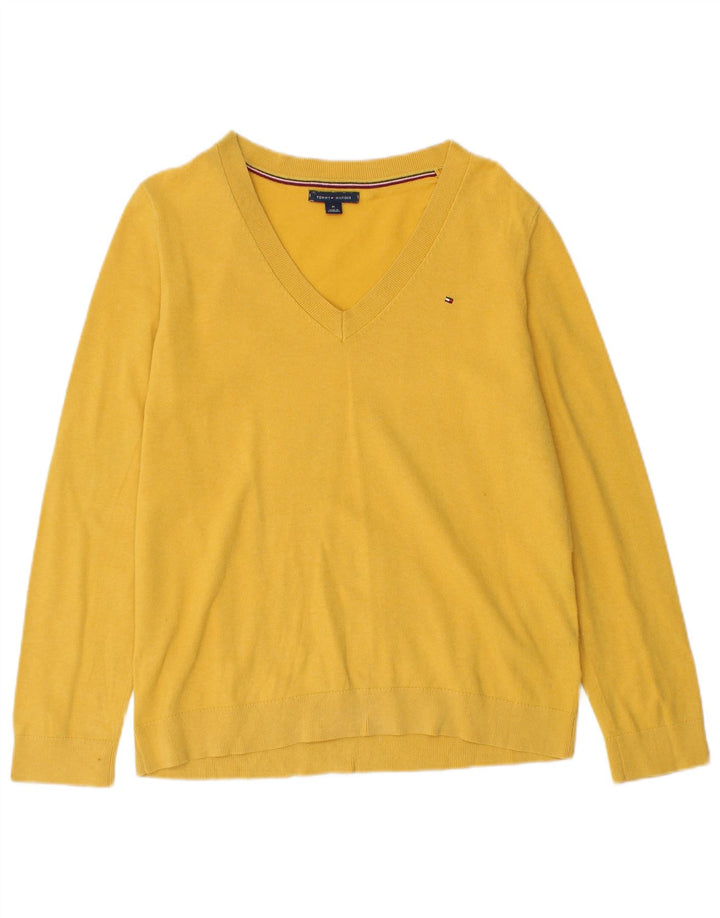Suéter feminino Tommy Hilfiger com decote em V Reino Unido 12 algodão amarelo médio