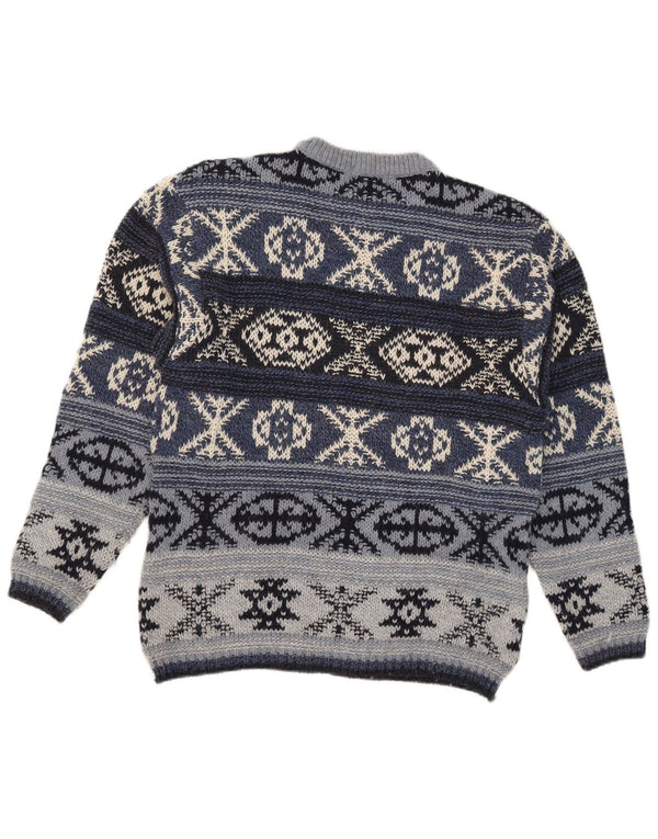 Suéter masculino vintage com gola redonda IT 48 lã Fair Isle azul médio
