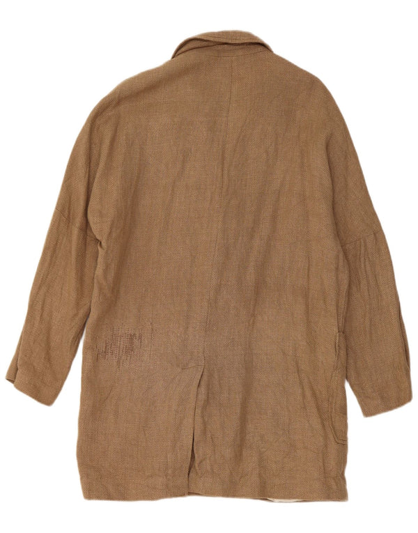 Zara Womens Longline Double Breasted Blazer Jacket UK 14 Medium Brown Linen