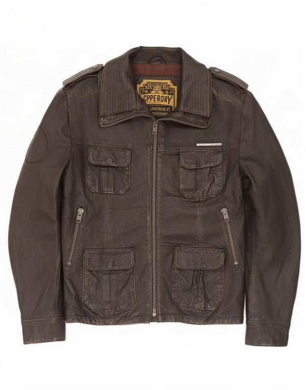 Jaqueta de couro militar masculina Superdry UK 40 grande marrom