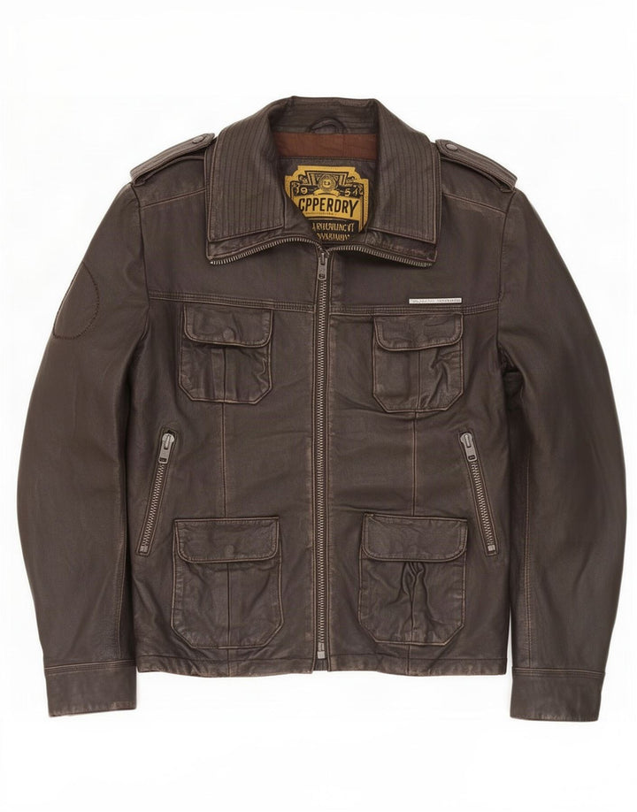 Jaqueta de couro militar masculina Superdry UK 40 grande marrom