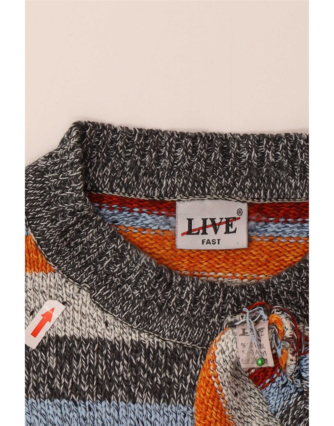 Suéter vintage masculino com gola redonda, grande lã listrada multicolorida