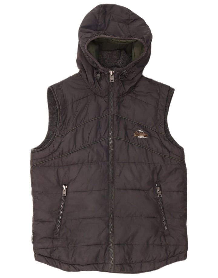 Colete acolchoado com capuz masculino Superdry UK 38 nylon cinza médio