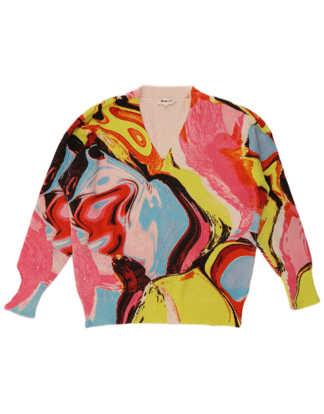 Suéter feminino Desigual com decote em V UK 14 médio multicolorido