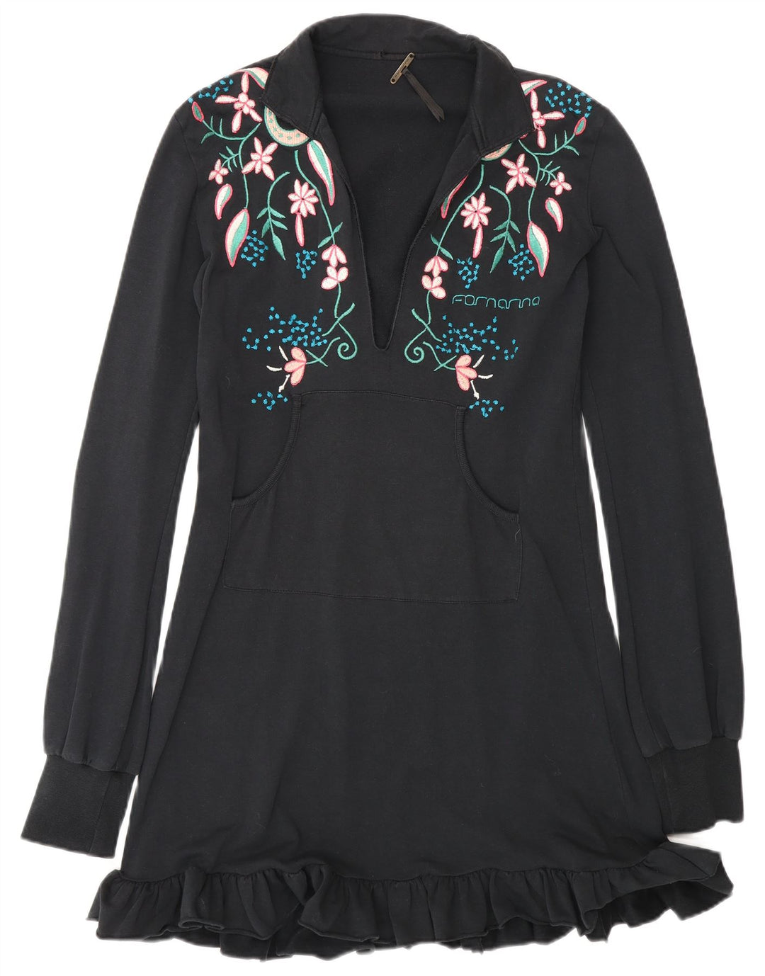 Vestido básico feminino de manga comprida Fornarina Reino Unido 12 algodão floral preto médio