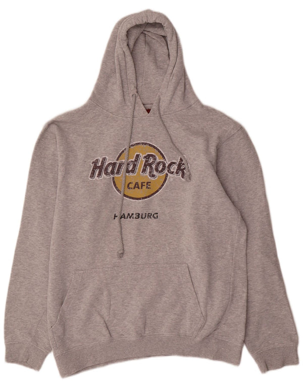 Hard Rock Cafe Mens Hamburgo angustiado logotipo moletom com capuz grande cinza