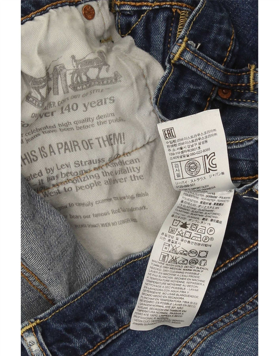 Calça jeans reta feminina Levi's desgastada W33 L32 algodão azul