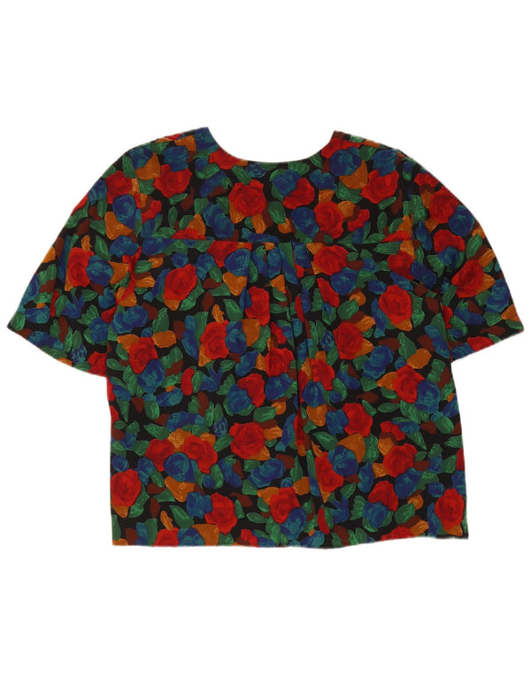 Blusa feminina vintage de manga curta UK 16 grande floral multicolorida