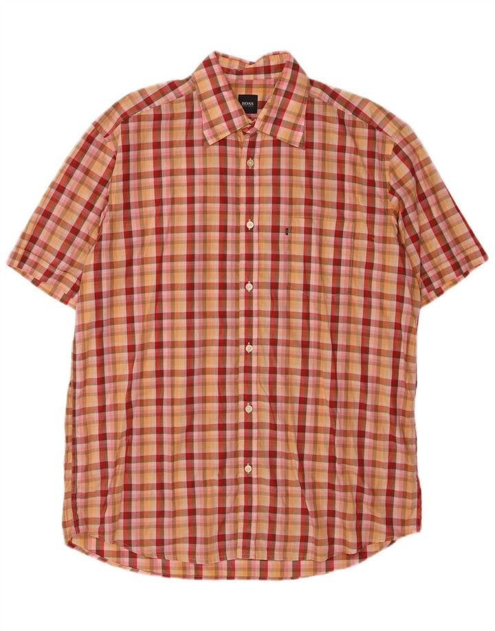 Camisa masculina de manga curta Hugo Boss grande algodão xadrez laranja