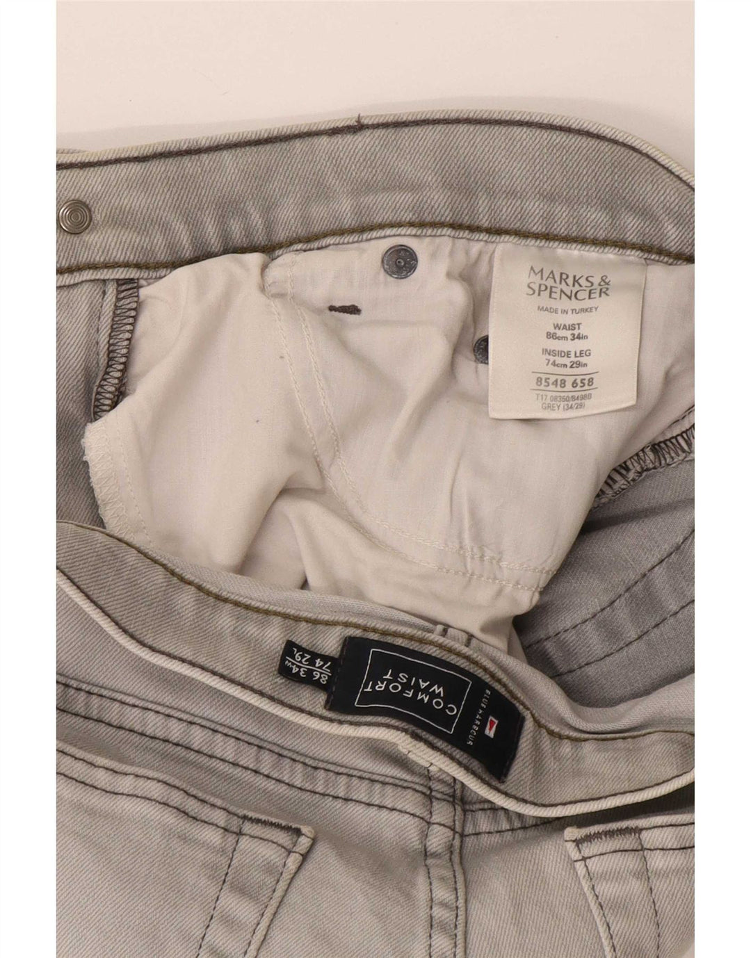 Calça jeans reta masculina Marks & Spencer Blue Harbor W34 L29 algodão cinza