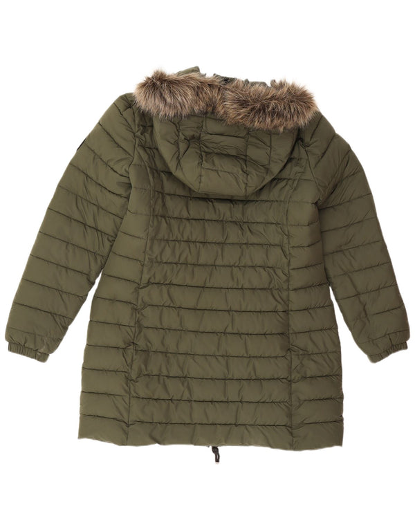 Casaco acolchoado com capuz feminino Superdry UK 14 grande poliéster cáqui
