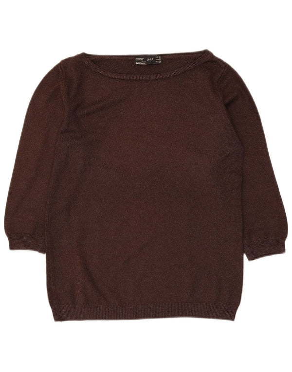 Zara Suéter feminino manga 3/4 com gola canoa Reino Unido 14 grande marrom acrílico