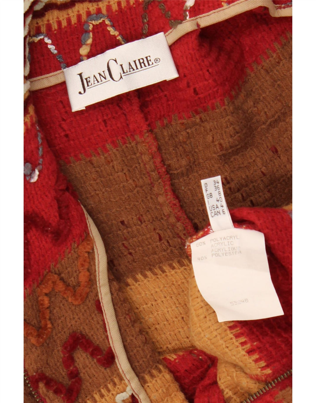 Suéter cardigã feminino JEAN CLAIRE Reino Unido 8 pequeno acrílico listrado vermelho