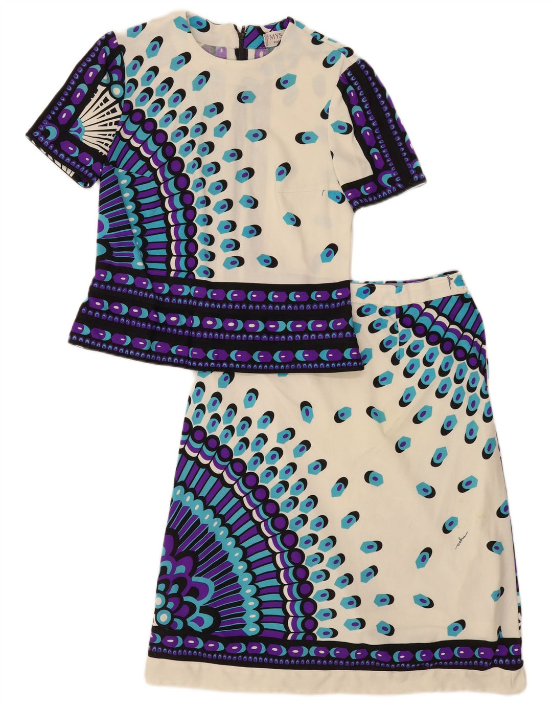 Conjunto de saia feminina vintage de 2 peças IT 46 grande W28 poliamida geométrica branca