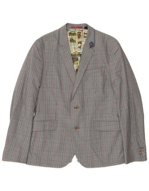 Jaqueta blazer masculina Ted Baker com 2 botões tamanho 4 grande algodão xadrez cinza