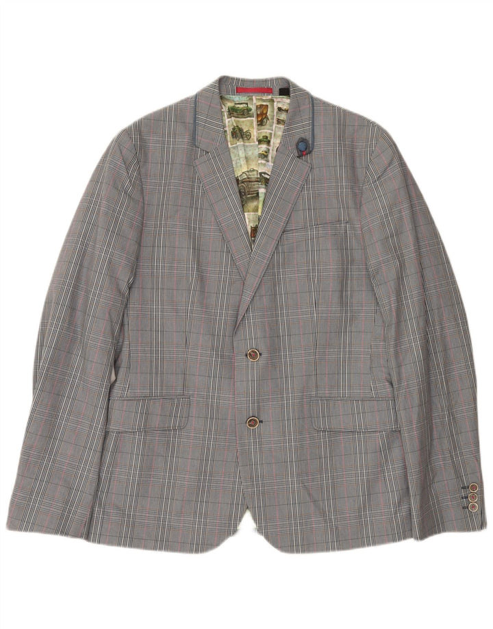 Jaqueta blazer masculina Ted Baker com 2 botões tamanho 4 grande algodão xadrez cinza