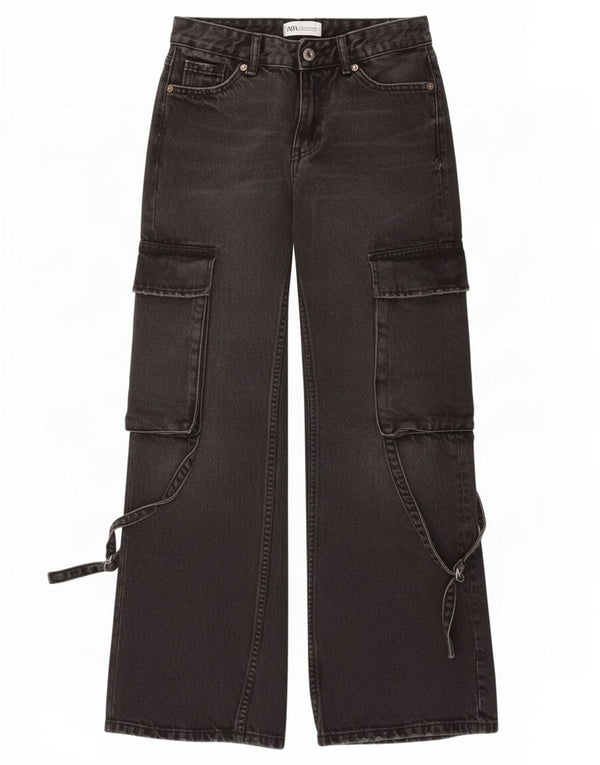 Zara Calça jeans feminina cargo larga EU 32 2XS W22 L30 preta