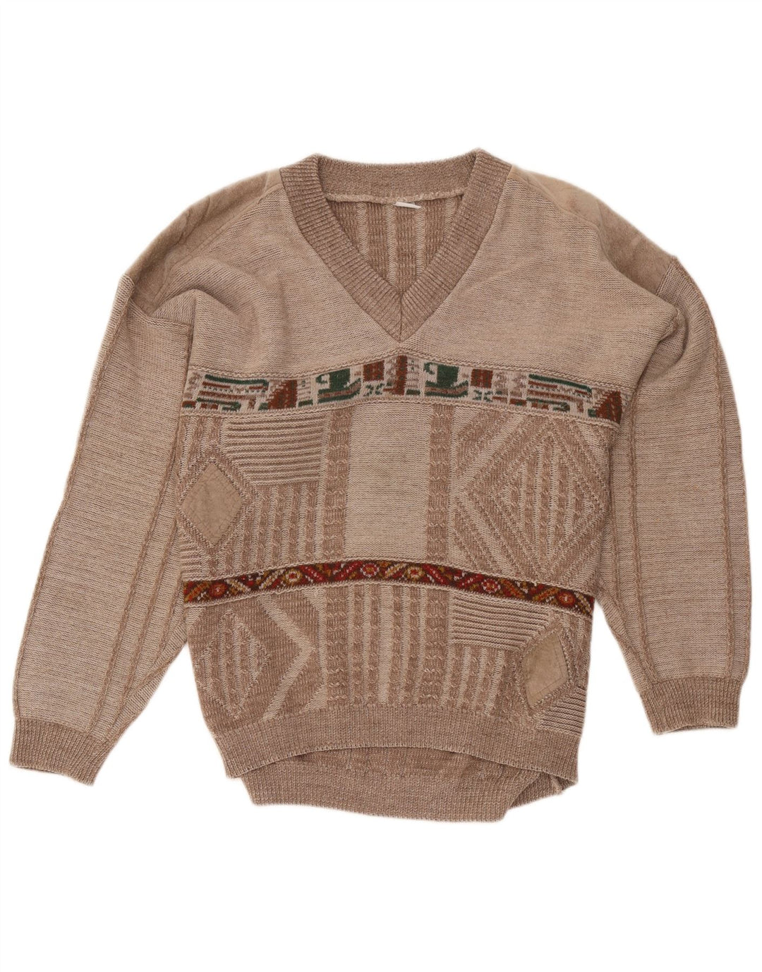 Suéter masculino VINTAGE com decote em V médio marrom geométrico