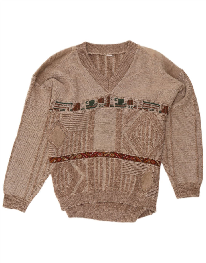 Suéter masculino VINTAGE com decote em V médio marrom geométrico