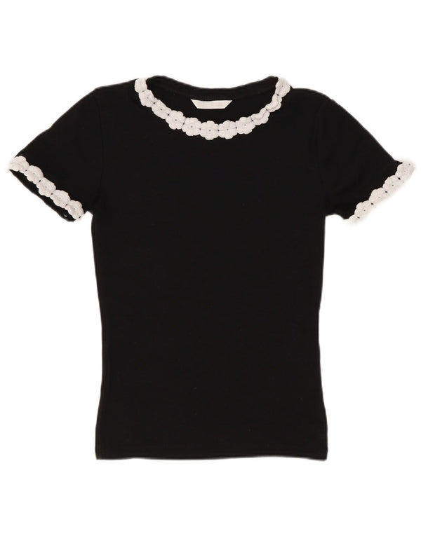Camiseta feminina Zara Crop Top UK 8 pequeno algodão floral preto