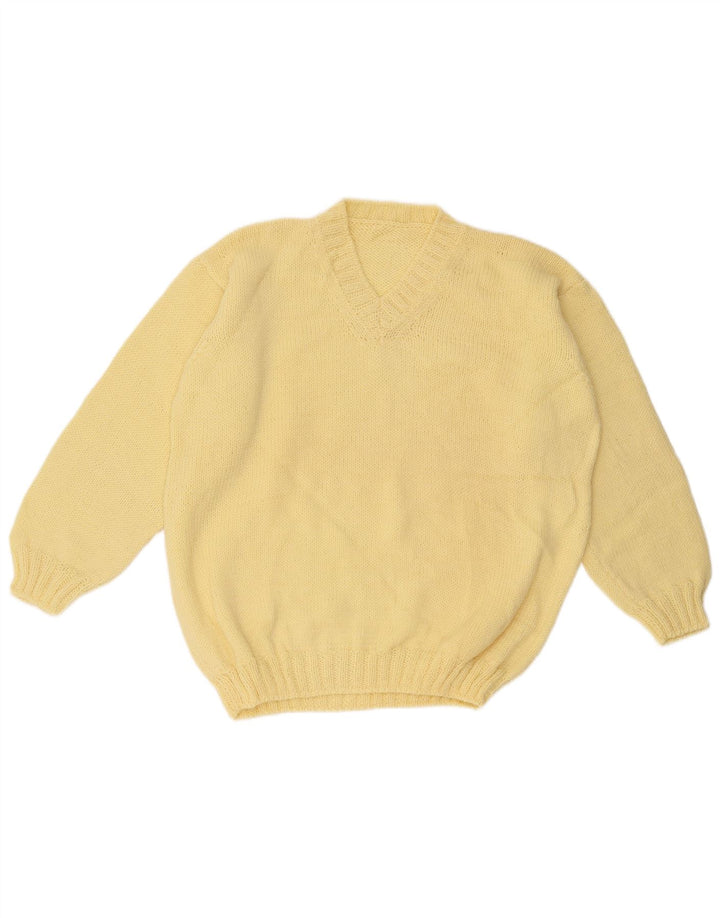 Suéter masculino vintage com decote em V grande amarelo