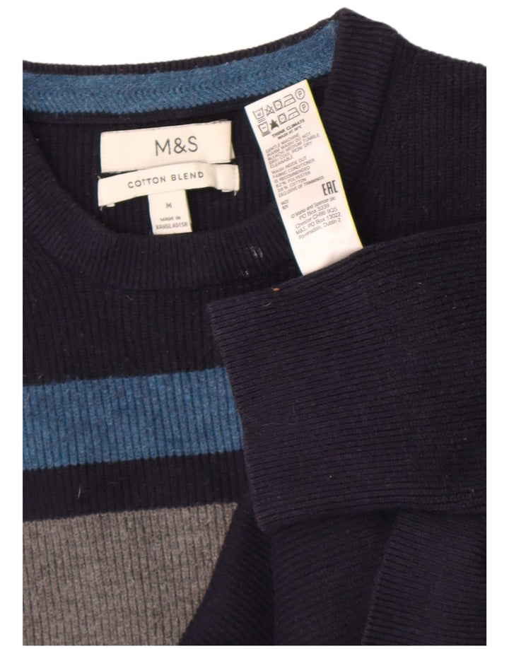 Suéter masculino Marks & Spencer com gola redonda, bloco colorido azul marinho médio