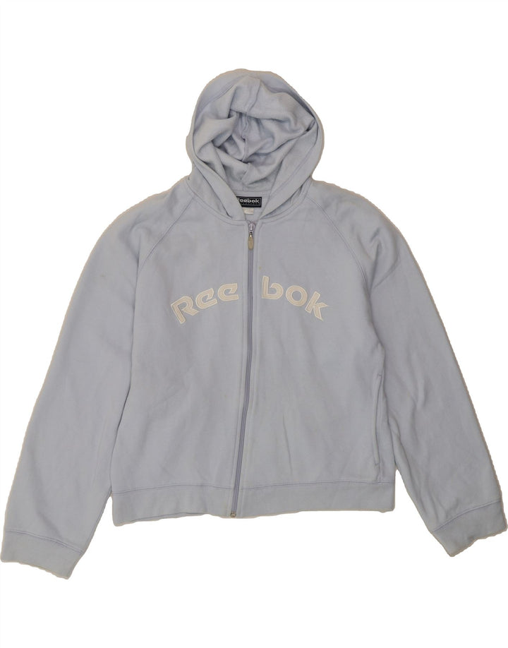 REEBOK Womens Graphic Zip Hoodie Sweater UK 14 Large Blue Vintage Reebok and Second-Hand Reebok from Messina Hembry 