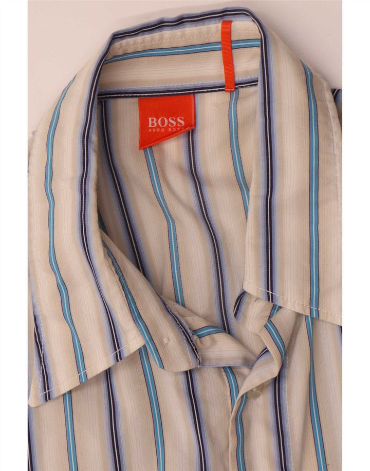 Camisa masculina de manga curta Hugo Boss, algodão listrado multicolorido médio