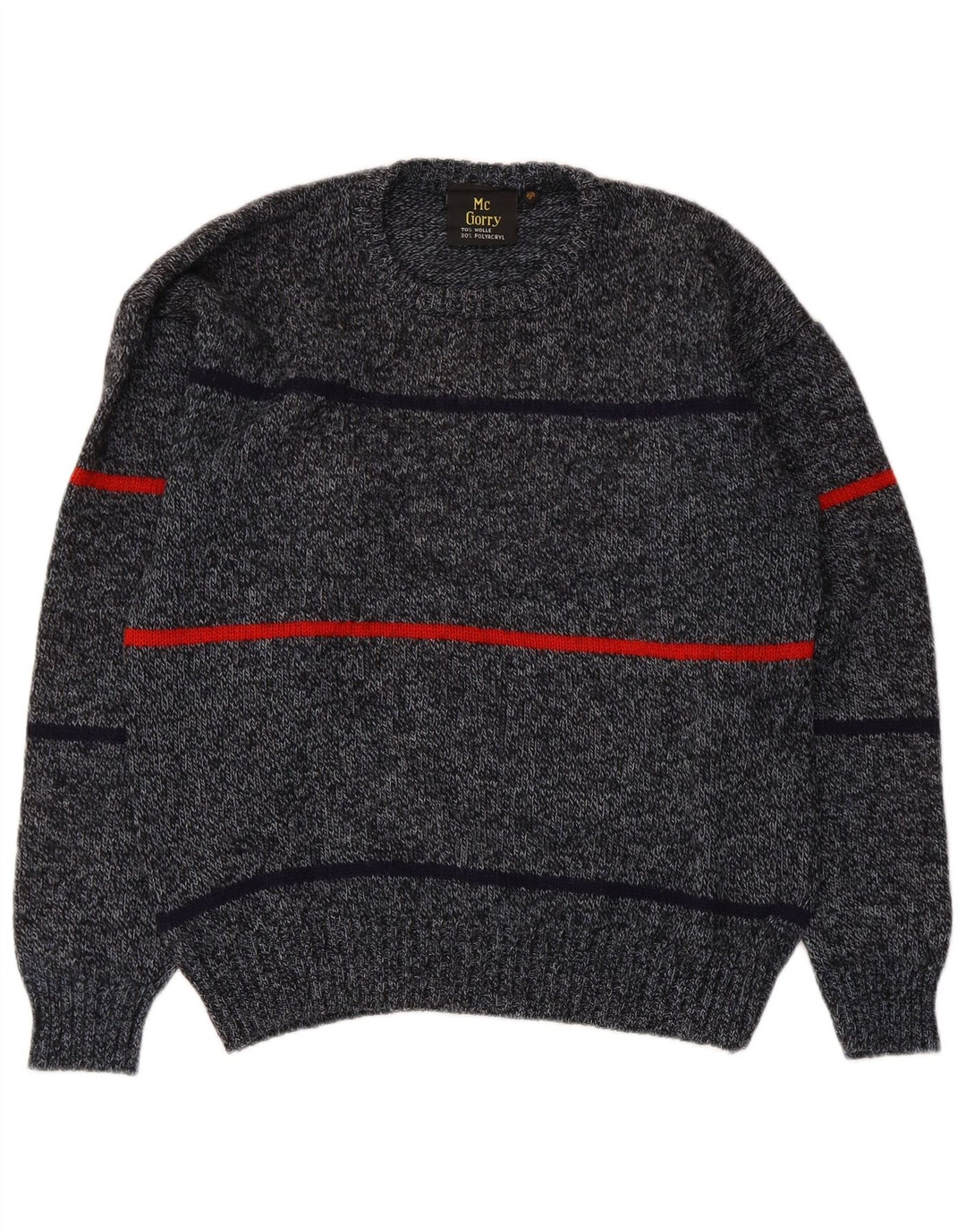 Suéter vintage masculino com gola redonda IT 50 lã listrada cinza médio