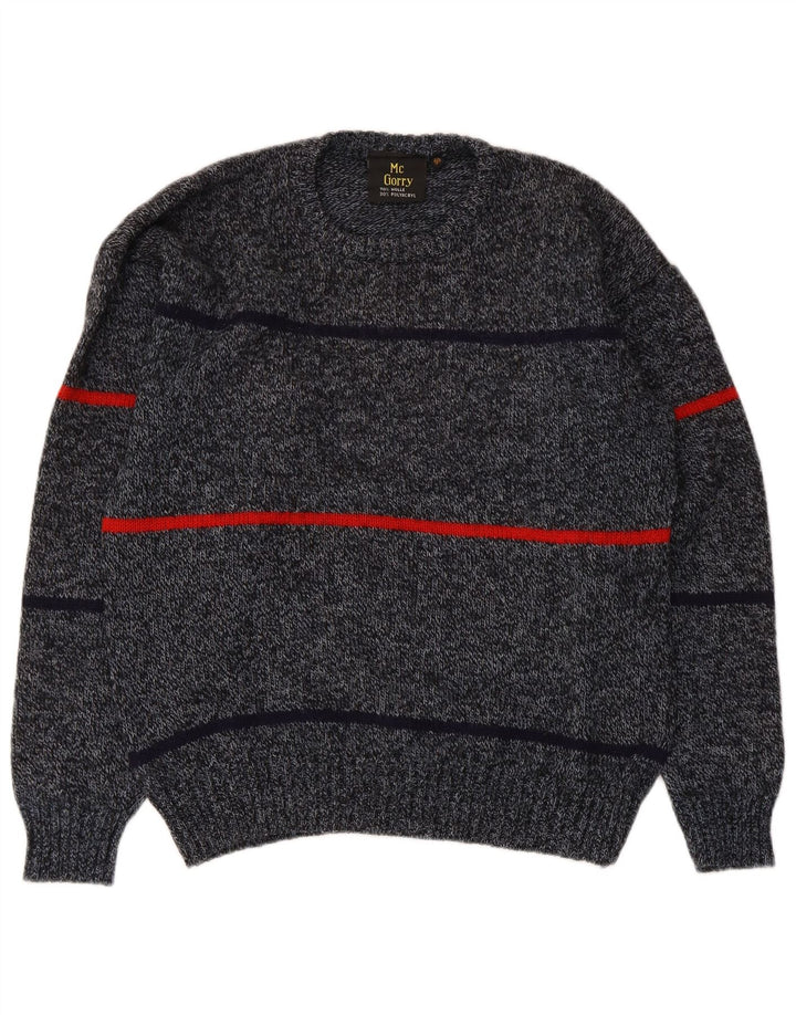 Suéter vintage masculino com gola redonda IT 50 lã listrada cinza médio