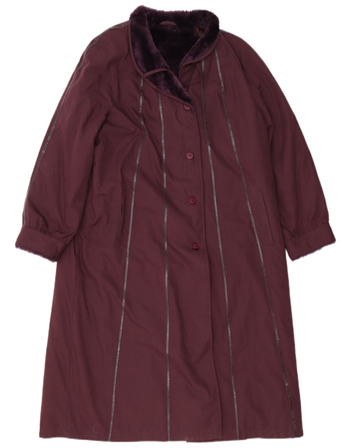 Sobretudo feminino vintage Reino Unido 16 grande poliéster listrado cor de vinho